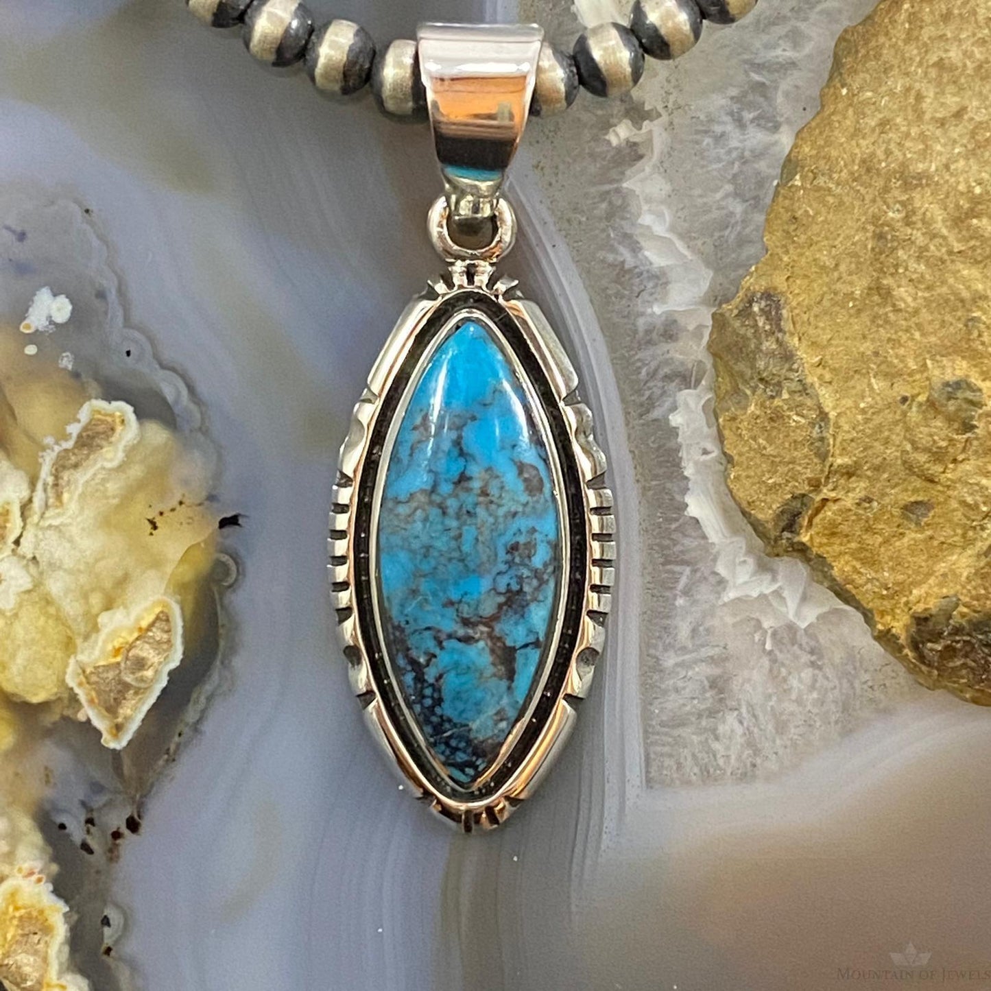 Native American Sterling Silver Turquoise With Matrix Marquise Pendant For Women