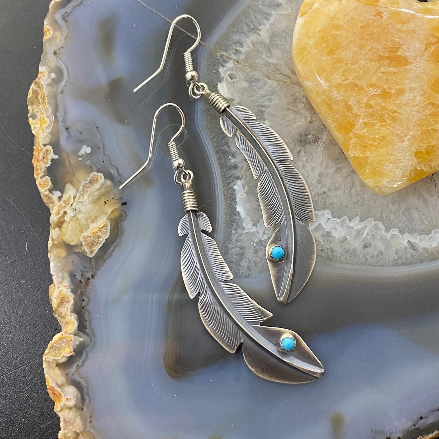 Billy Long Sterling Silver Feather w/Turquoise Dangle Earrings For Women