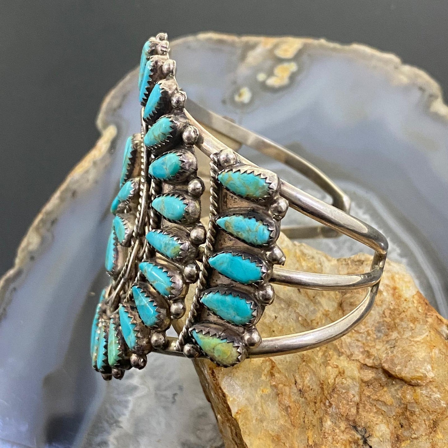 Vintage Native American Sterling Silver Cluster Turquoise Bracelet For Women