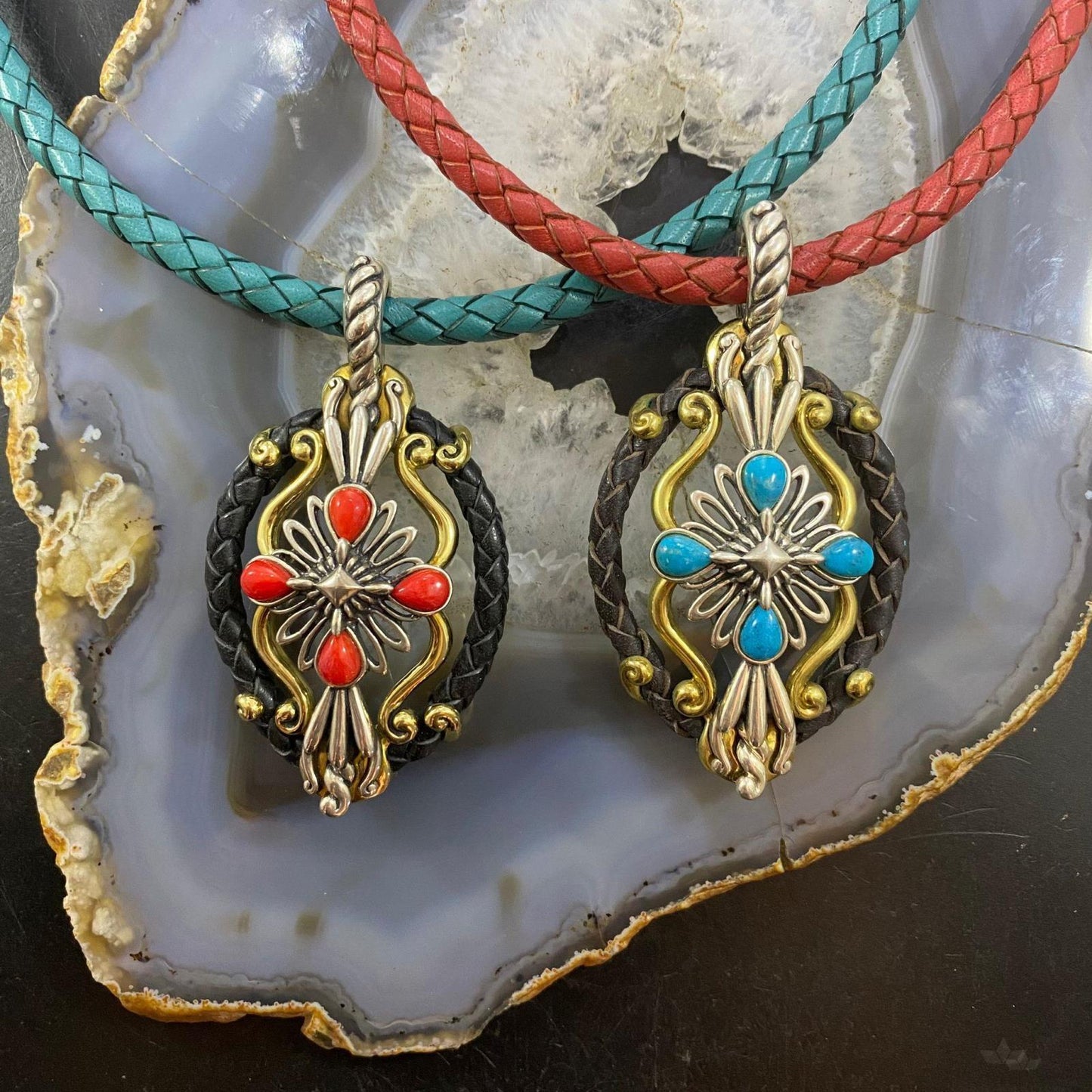Carolyn Pollack Southwestern Style Sterling Silver/Brass/Leather Multi-gemstone Decorated Pendant For Women