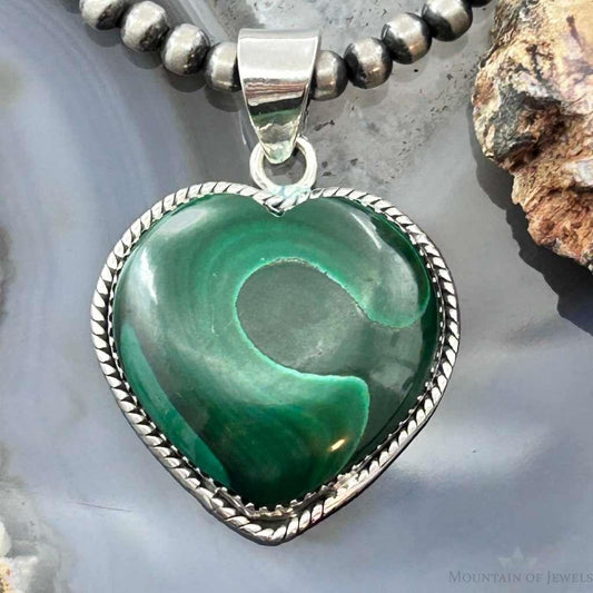 Sterling Silver Southwestern Style Malachite Heart Decorated Pendant For Women