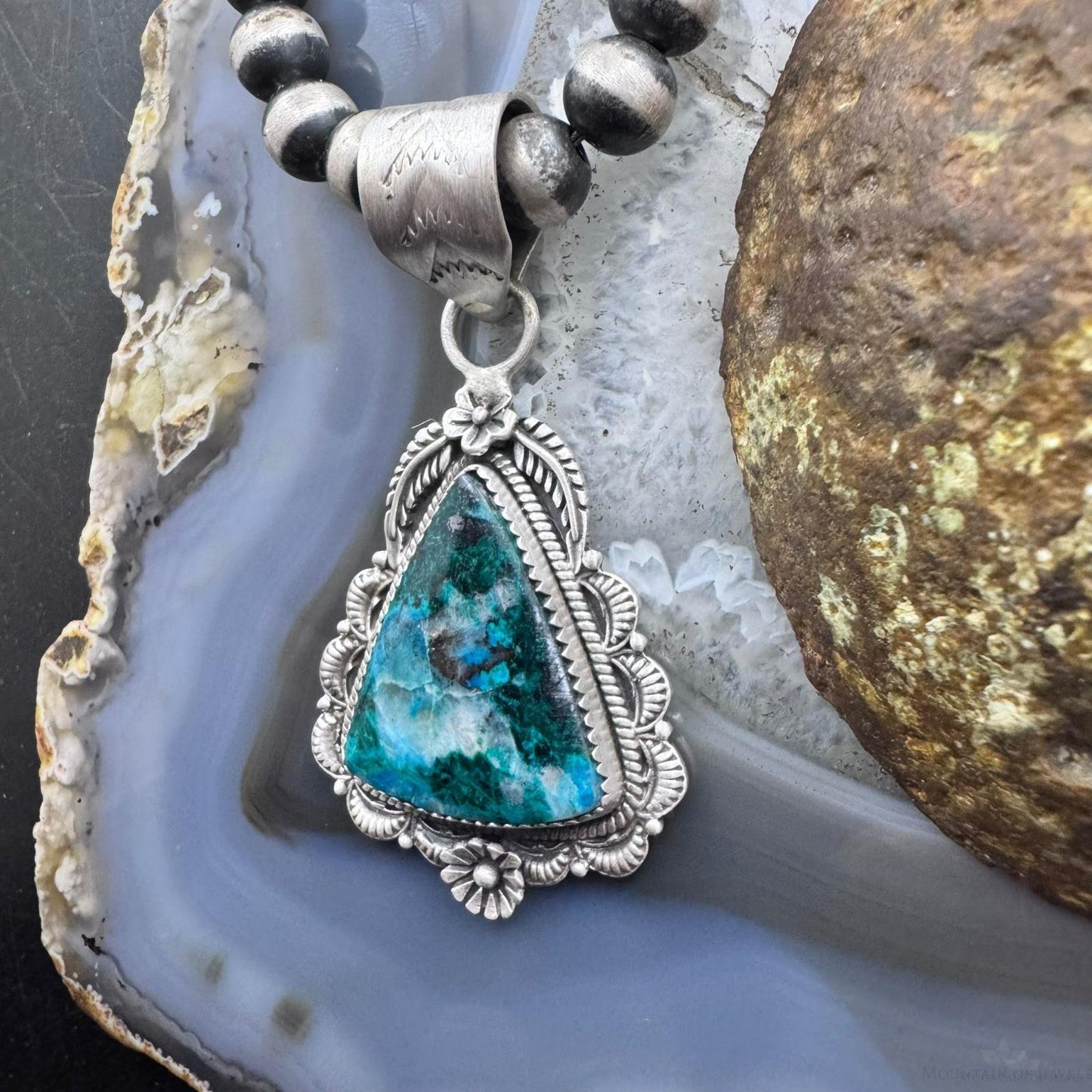 Sterling Silver Southwestern Style Triangular Shattuckite Decorated Pendant For Women