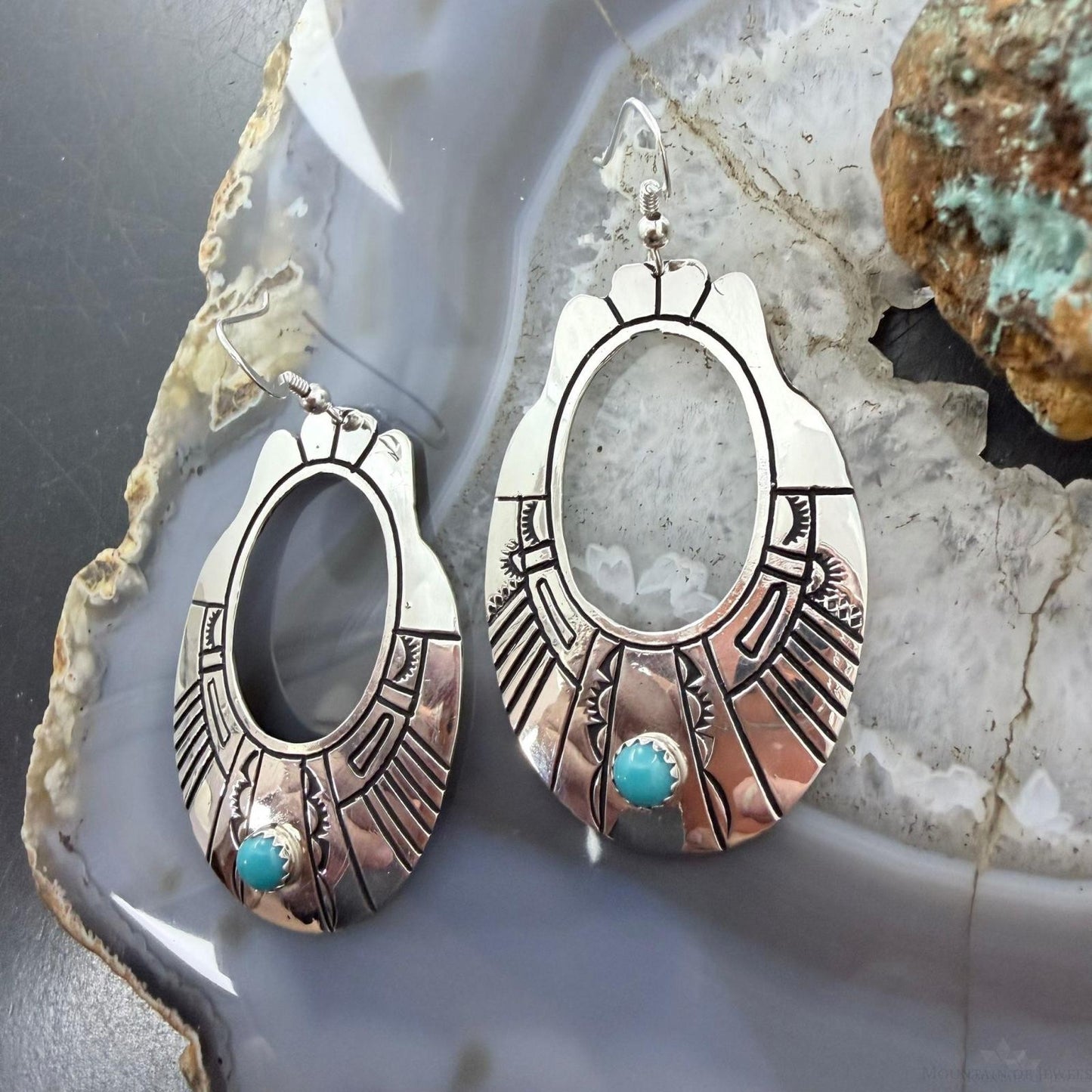 Tommy & Rosita Singer Sterling Silver Dot Turquoise Engraved Dangle Earrings For Women