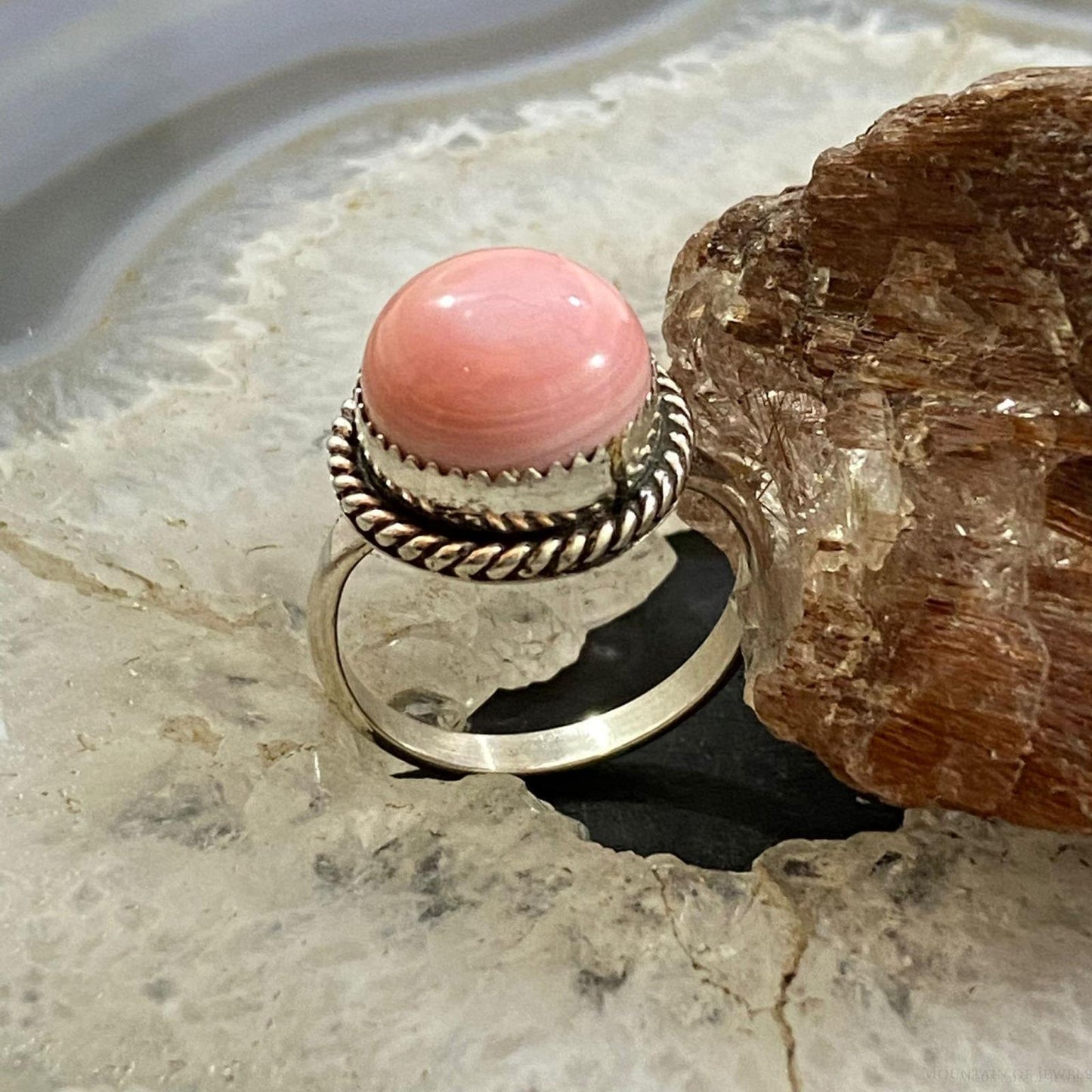 Native American Sterling Silver Rounded Pink Conch Ring Size 7.5 & 8 For Women