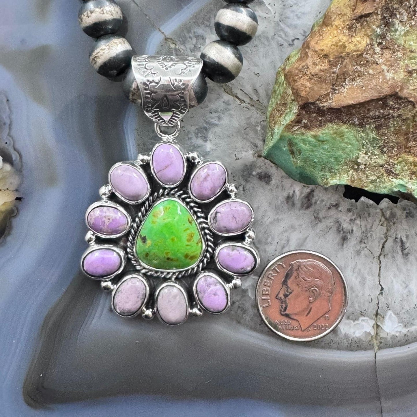 Native American Sterling Silver Green Turquoise w/Phosphosiderite Cluster Pendant For Women