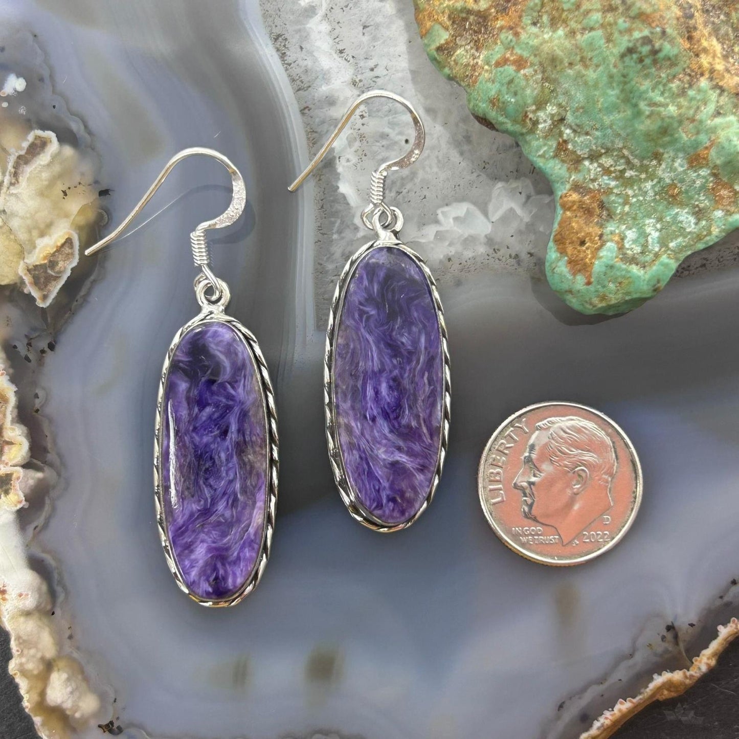 Sterling Silver Southwestern Style Oval Charoite Dangle Earrings For Women