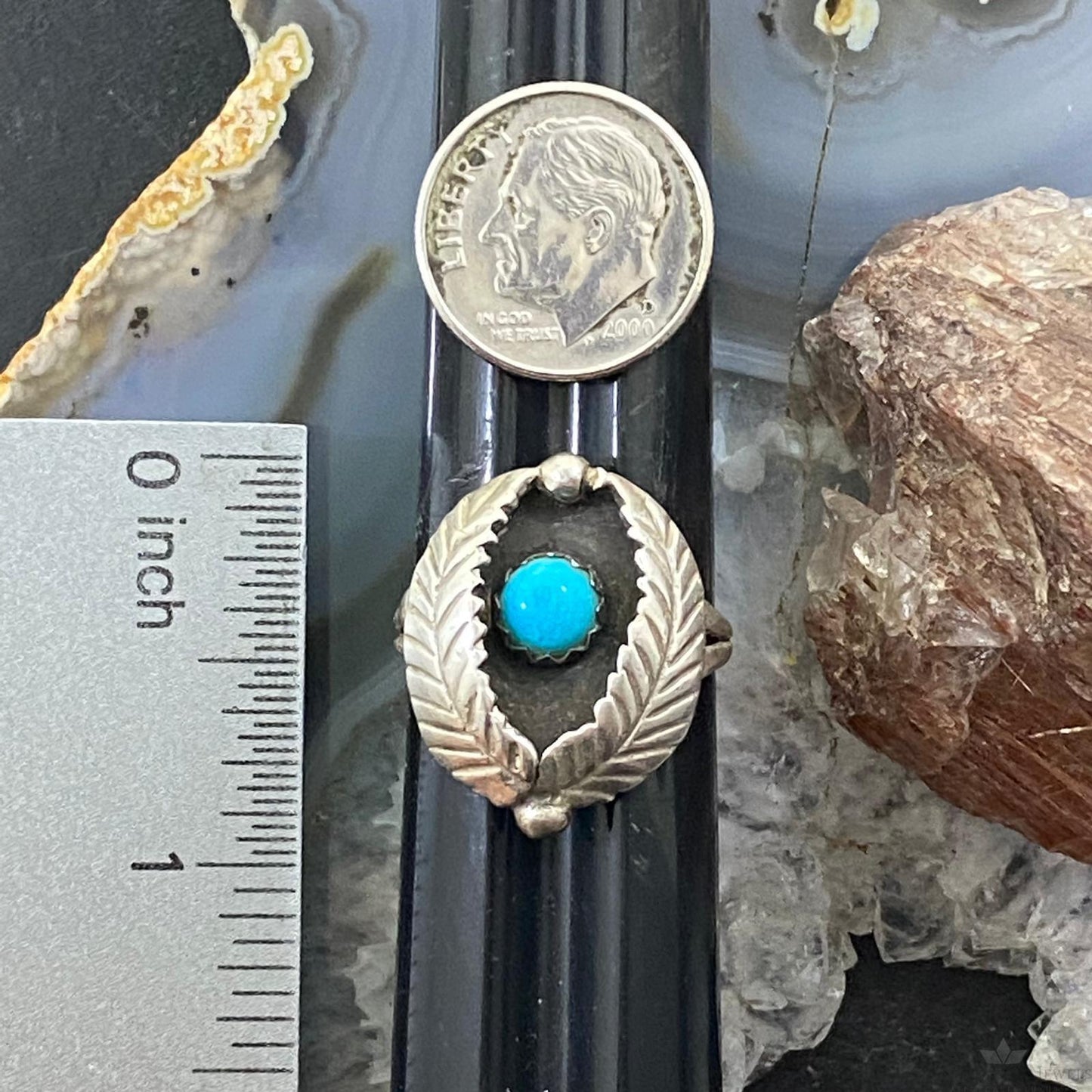 Vintage Native American Silver Turquoise Shadow Box Ring Size 8.75 For Women