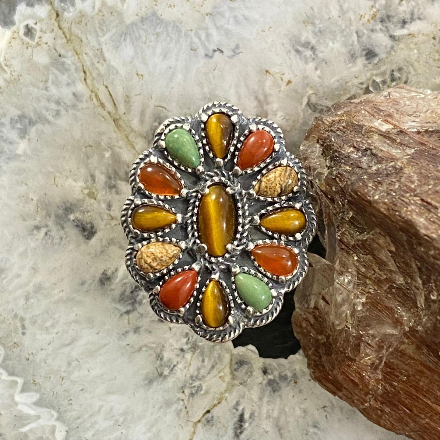 Carolyn Pollack Southwestern Style Sterling Silver Multi-gemstone Decorated Flower Cluster Ring For Women