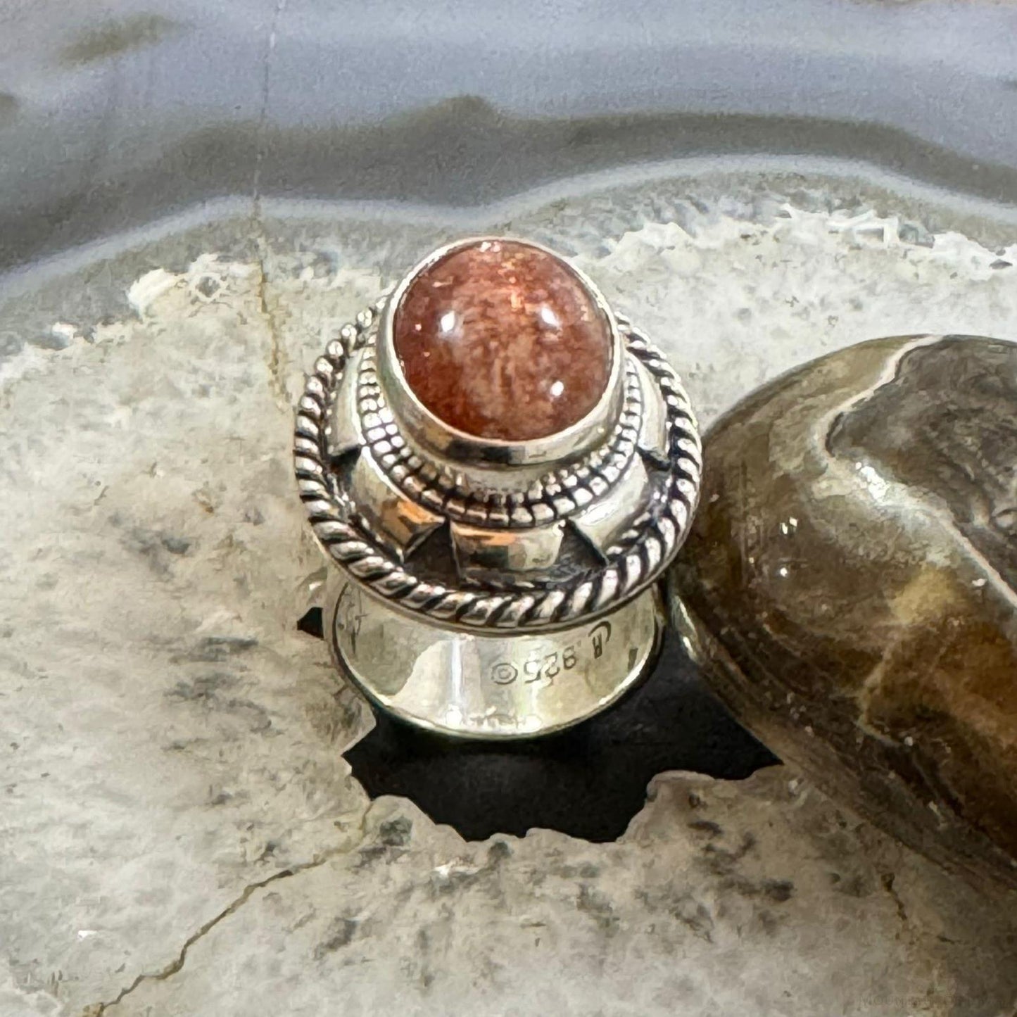 Carolyn Pollack Sterling Silver Oval Brown Jasper Decorated Ring Size 7.5 For Women