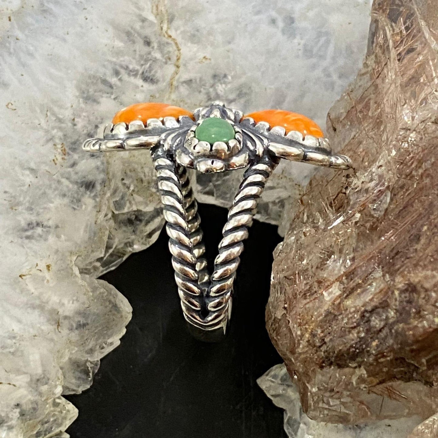 Carolyn Pollack Southwestern Style Sterling Silver Orange Spiny Oyster & Gaspeite Cross Ring For Women