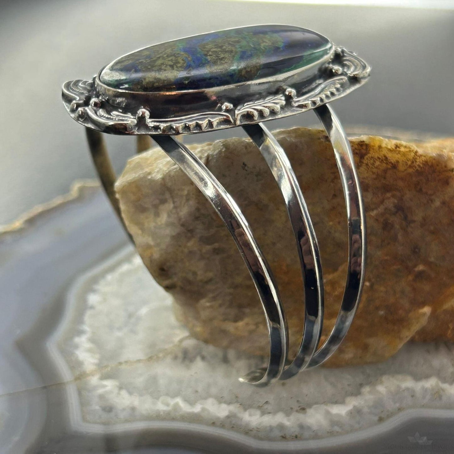 Sterling Silver Southwestern Style Large Oval Azurite Malachite Bracelet For Women