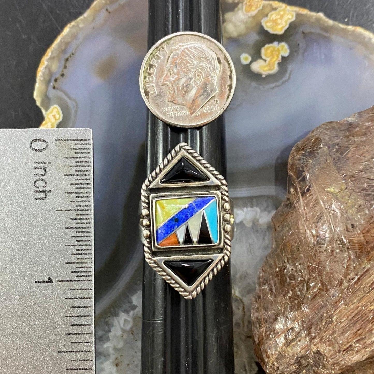 Carolyn Pollack Southwestern Style Sterling Silver Multistone Inlay Decorated Ring For Women