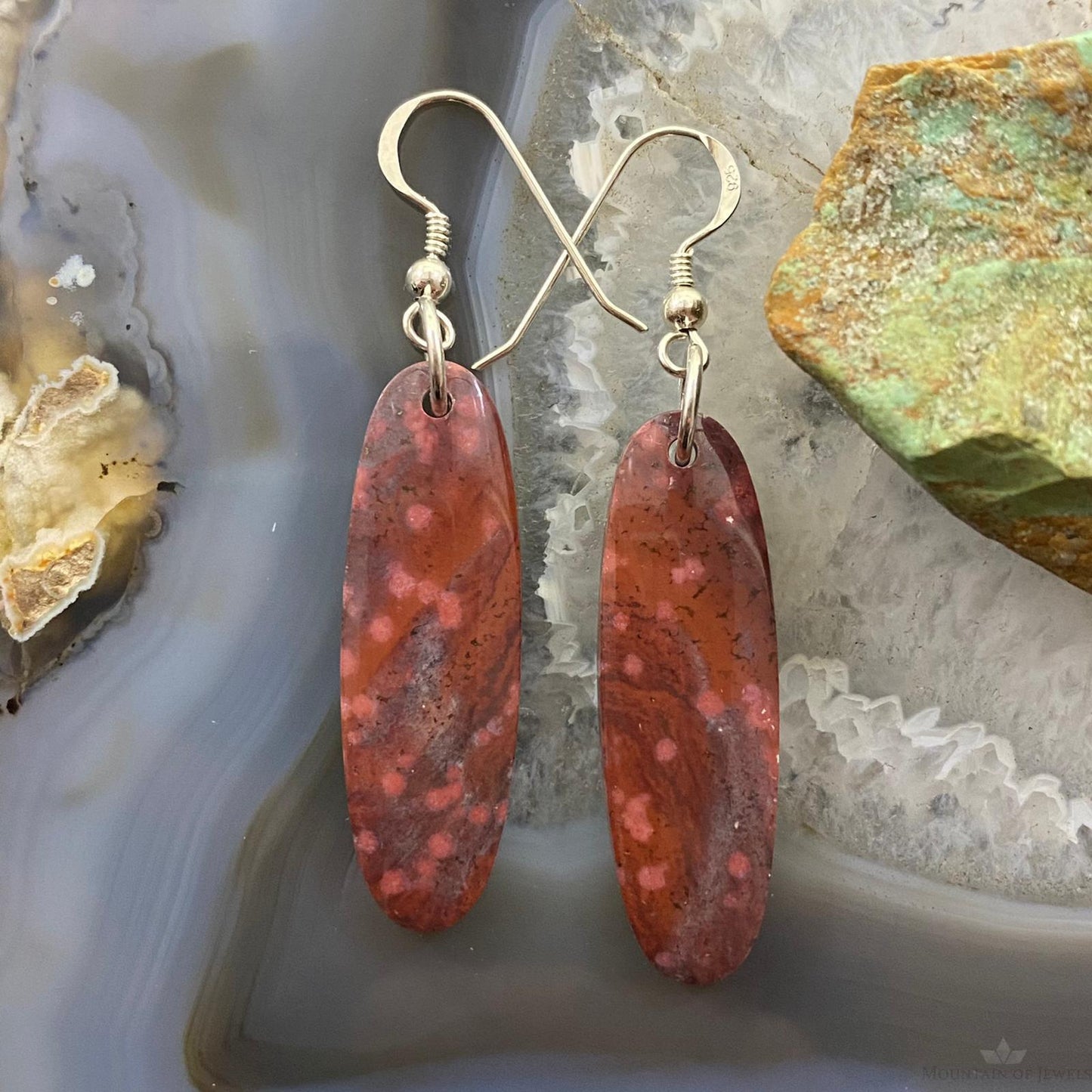 Sterling Silver Oval River Jasper Slab Dangle Earrings For Women