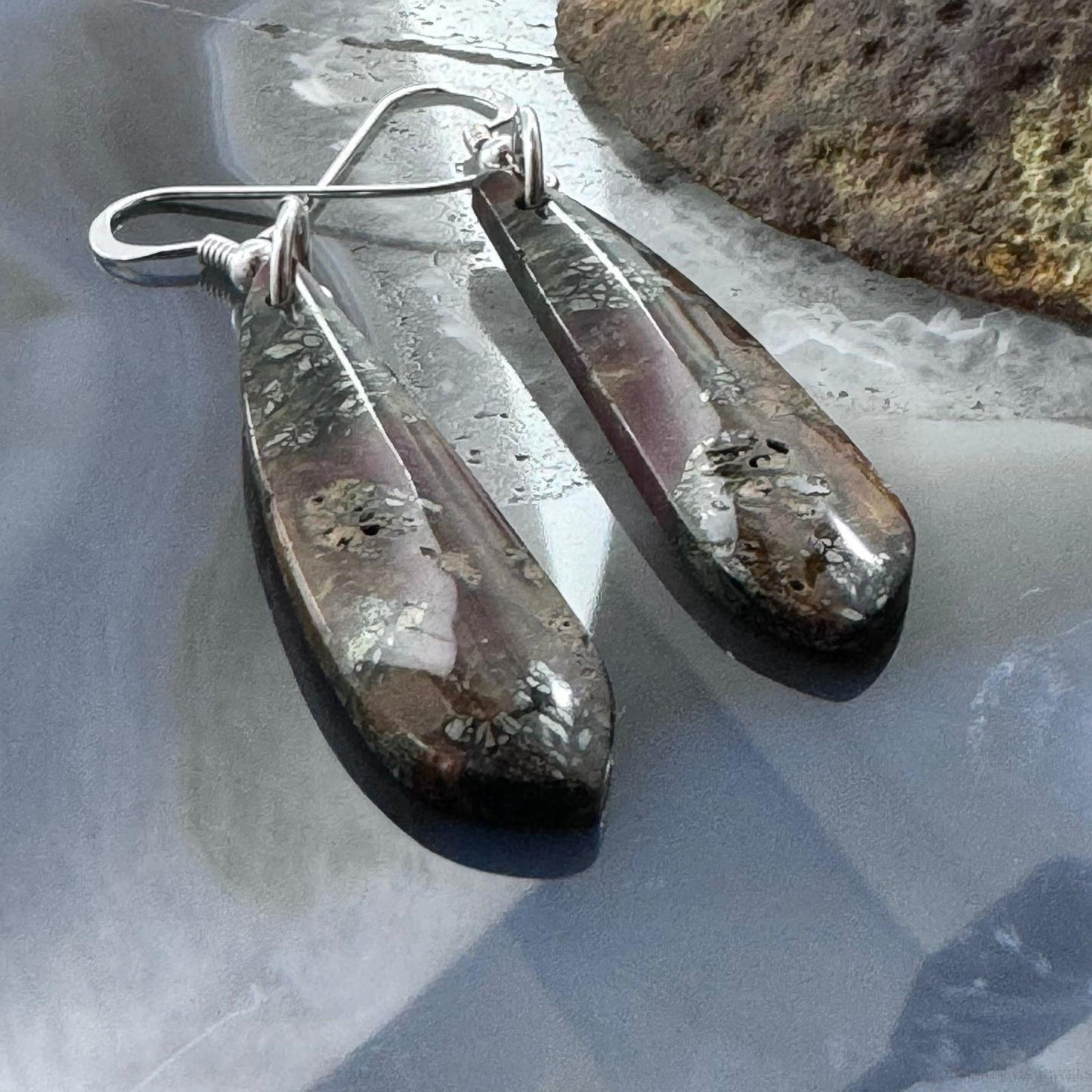 Sterling Silver Elongated Teardrop Red Marcasite Slab Dangle Earrings For Women #219