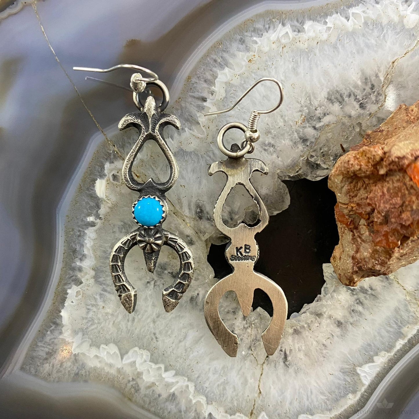 Kevin Billah Native American Sterling Silver Sandcast Turquoise Naja Dangle Earrings #4
