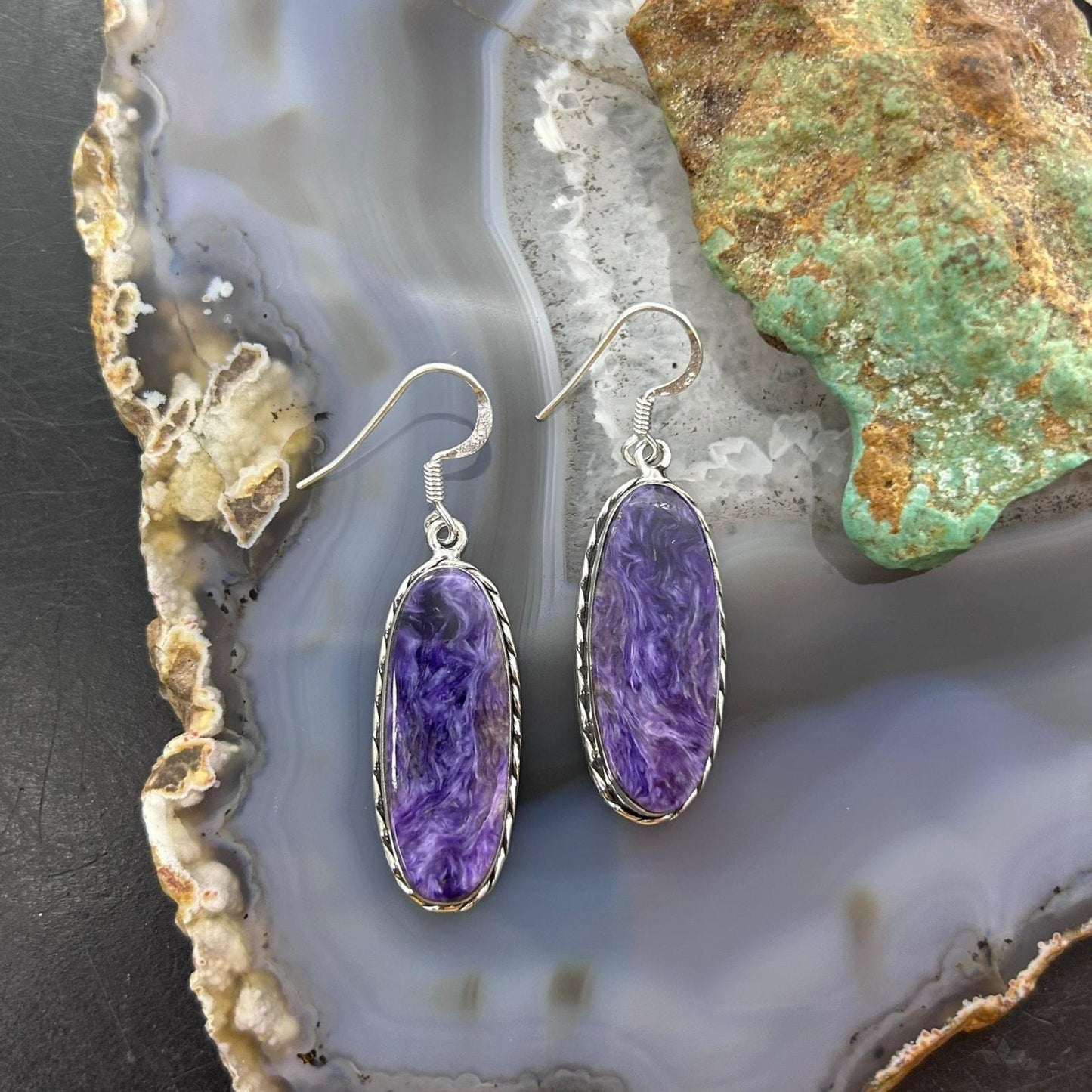 Sterling Silver Southwestern Style Oval Charoite Dangle Earrings For Women