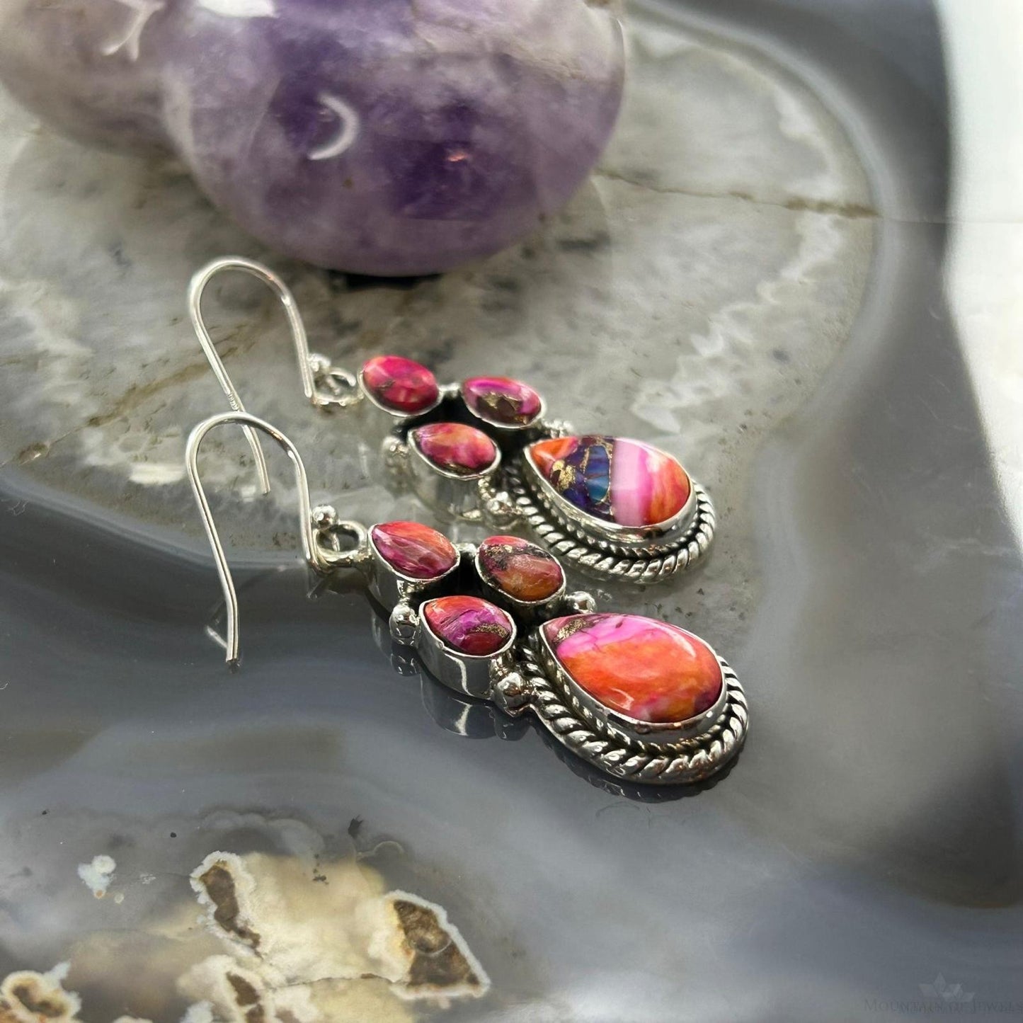 Sterling Silver Southwestern Style Multistone Dahlia Dangle Earrings For Women