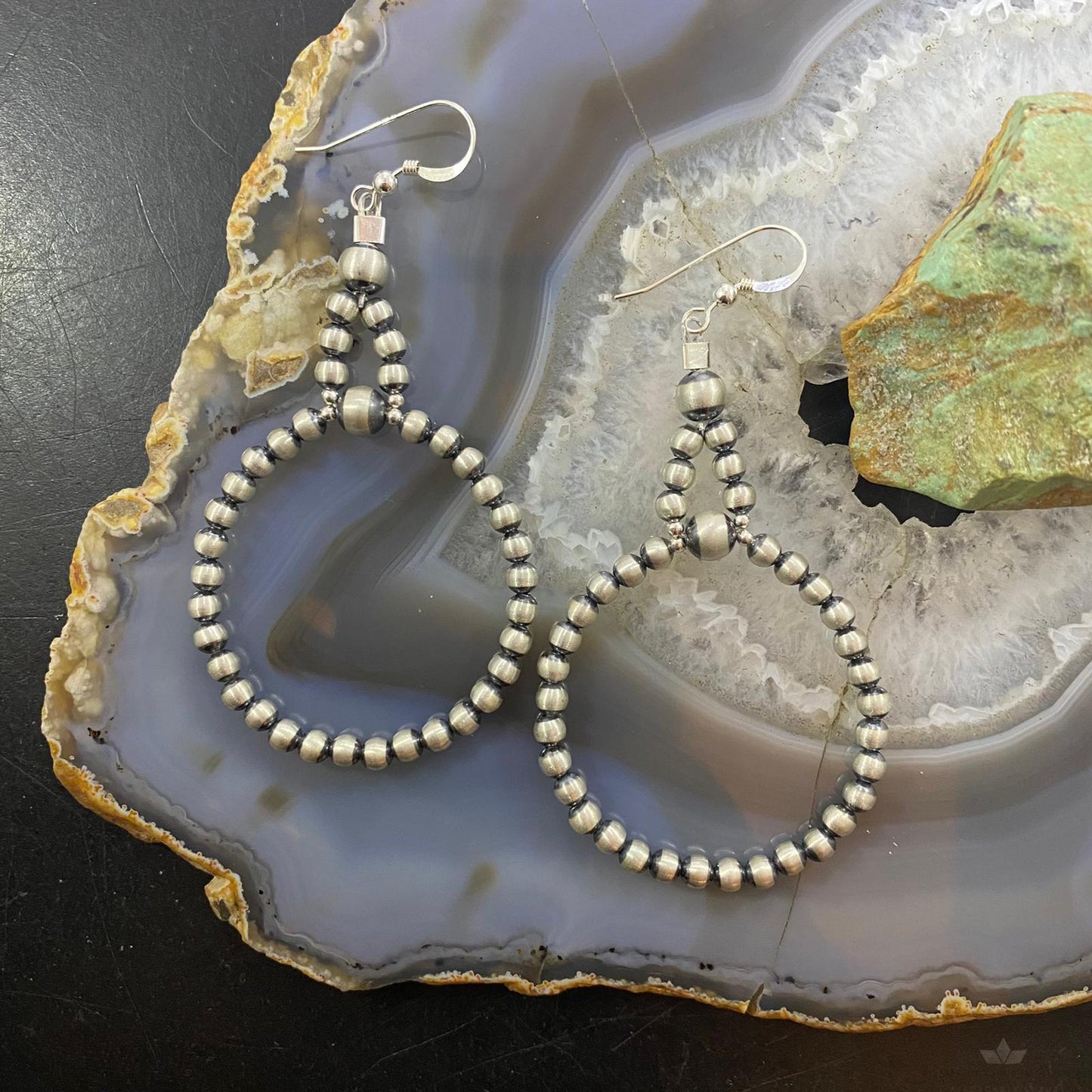 Navajo Pearl Bead 4 mm Sterling Silver Hoop Dangle Earrings For Women