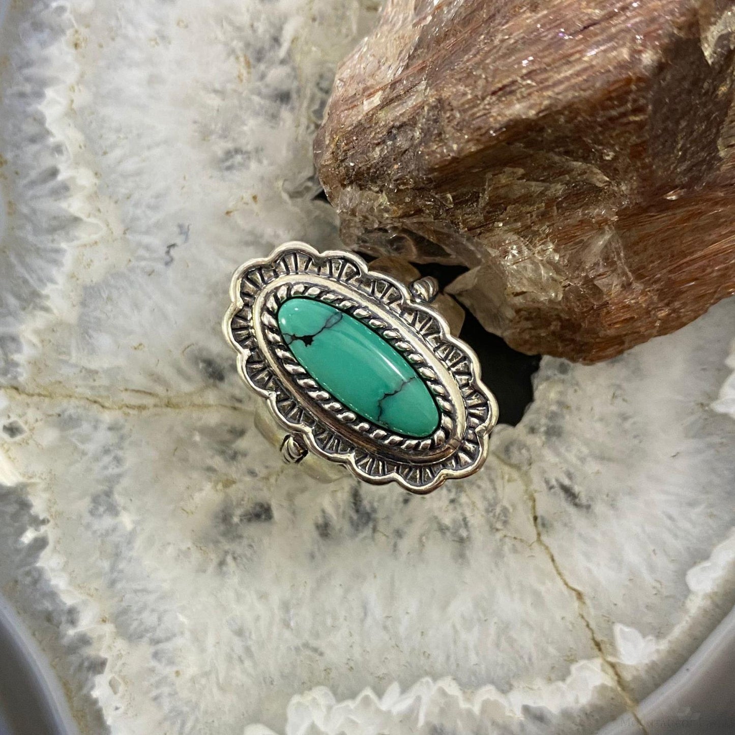 Carolyn Pollack Southwestern Style Sterling Silver Elongated Oval Turquoise Decorated Ring For Women