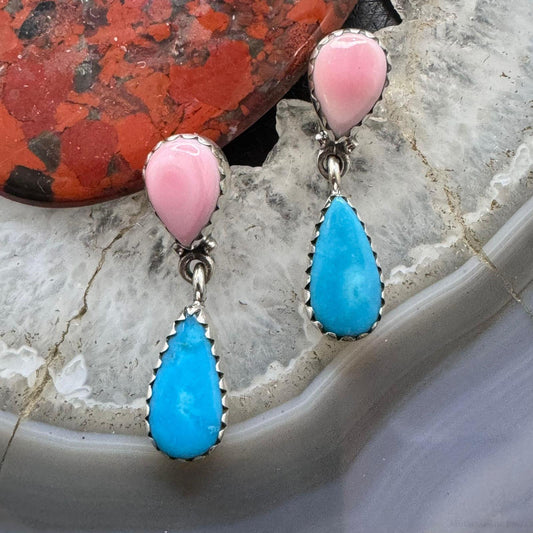 Native American Sterling Silver Pink Conch & Turquoise Dangle Earrings For Women