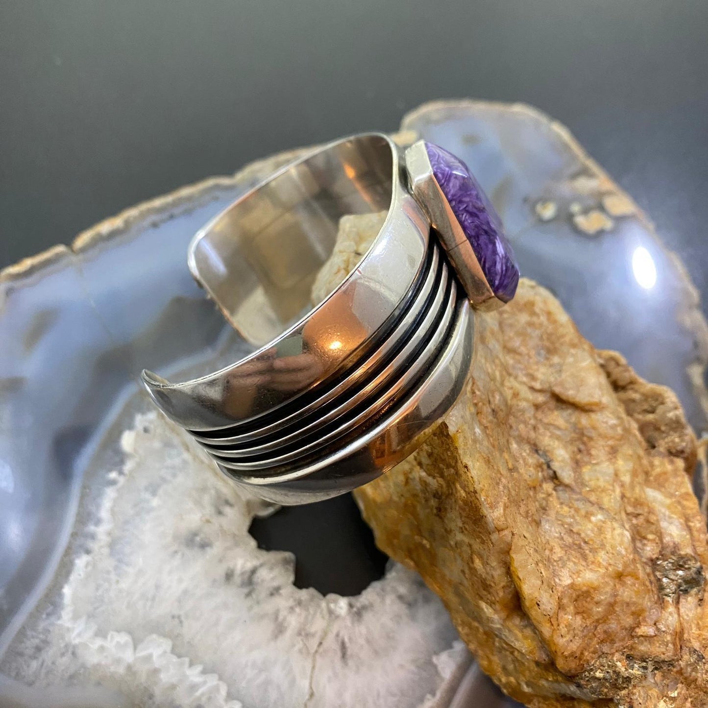 Signed Native American Sterling Linear Overlay Charoite Bracelet For Women