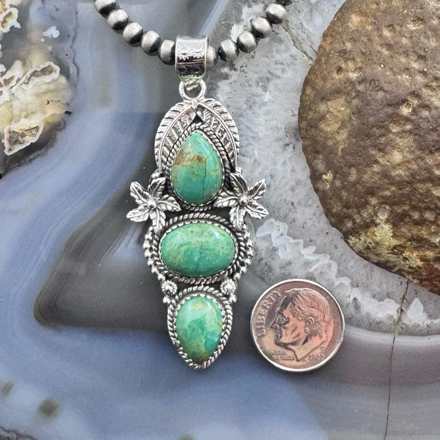 Sterling Silver Southwestern Style Triple Turquoise Decorated Pendant For Women