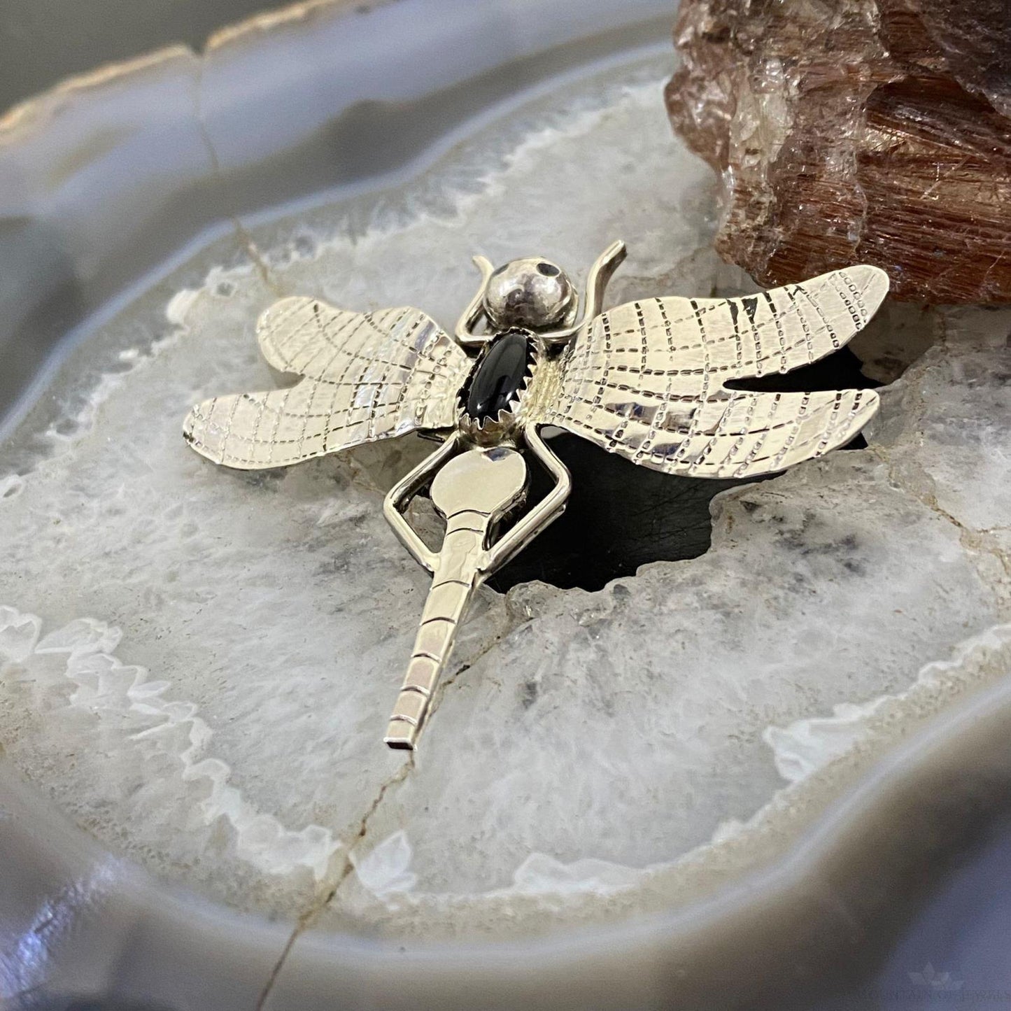 Native American Sterling Silver Oval Onyx Fly Unisex Brooch