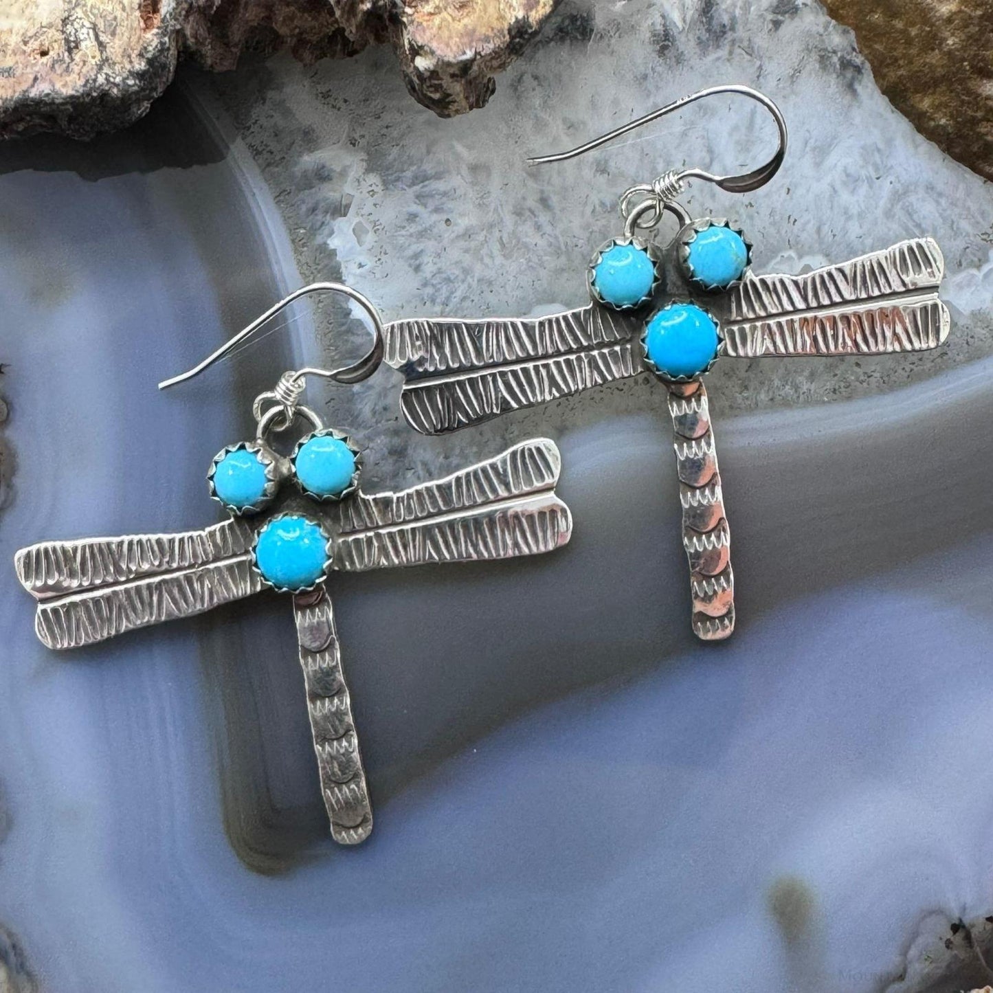 Brad Panteah Sterling Silver Dragonfly w/3 Turquoise Dangle Earrings For Women