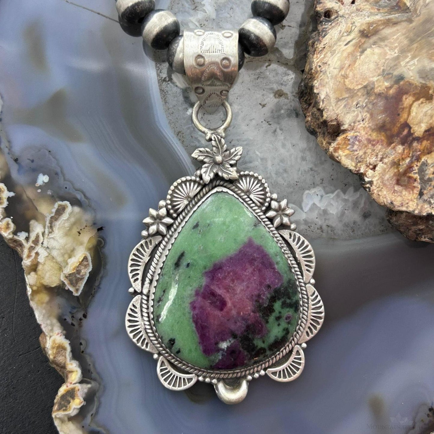 Sterling Silver Southwestern Style Teardrop Ruby Zoisite Pendant For Women
