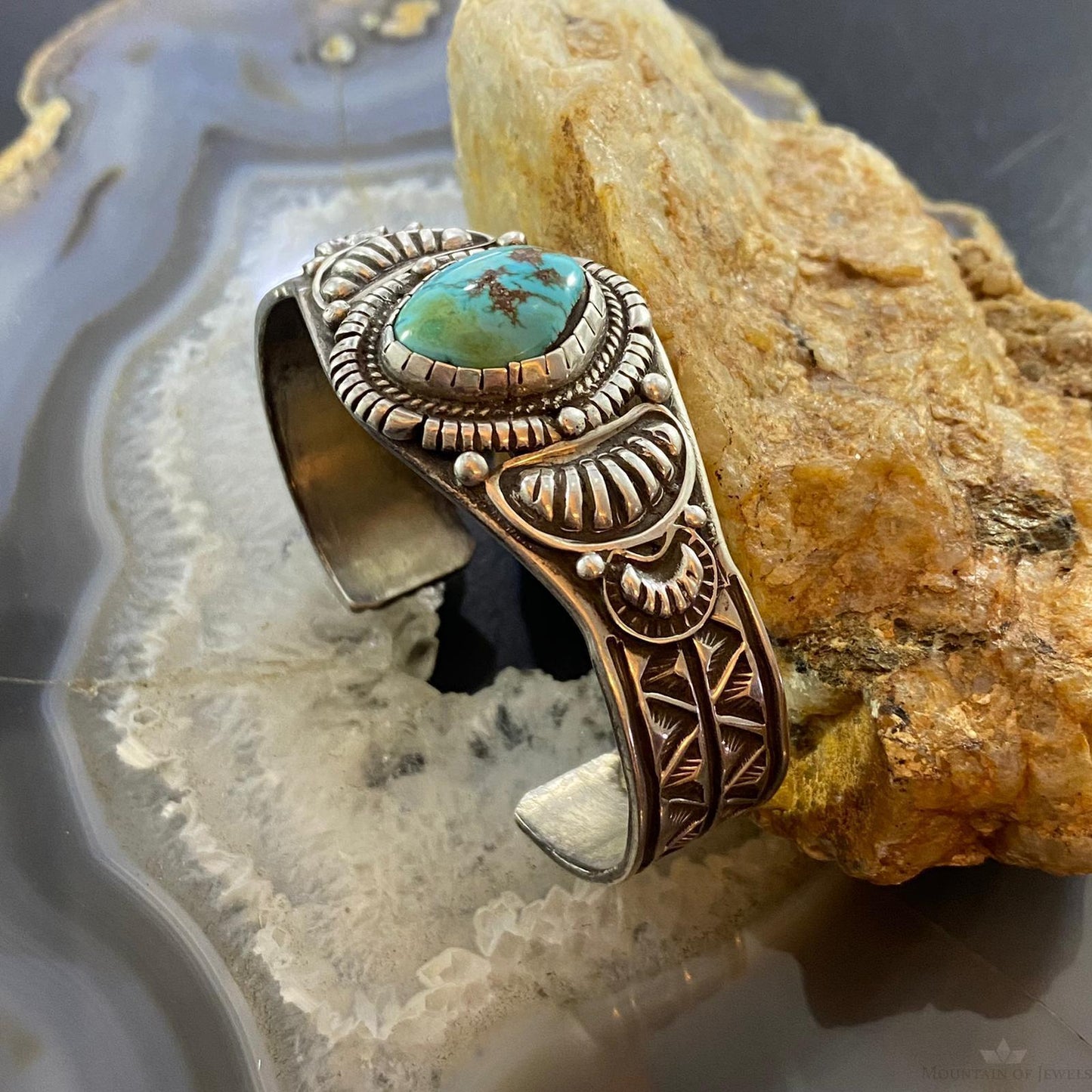 Vintage Signed Native American Sterling Turquoise Decorated Bracelet For Women