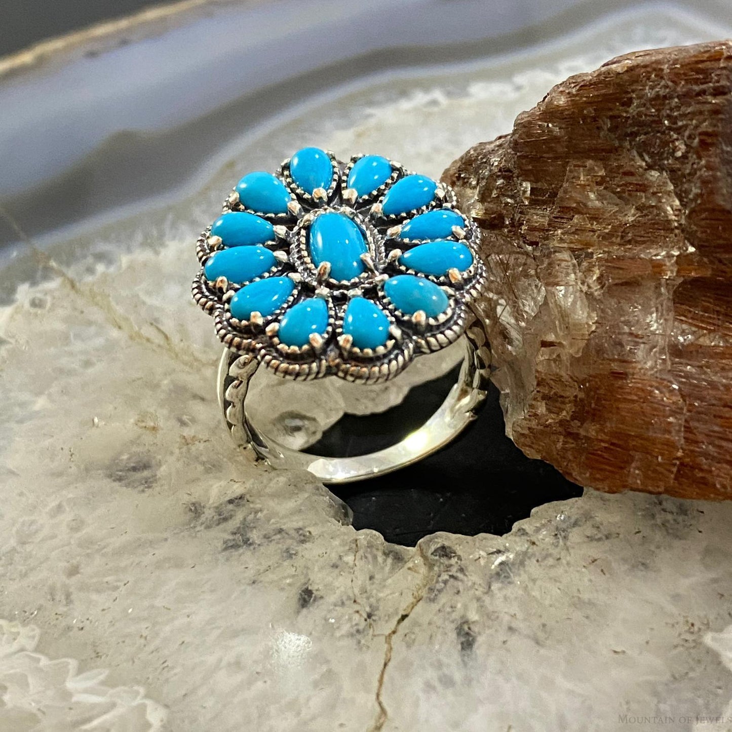 Carolyn Pollack Southwestern Style Sterling Silver Sleeping Beauty Turquoise Cluster Ring For Women