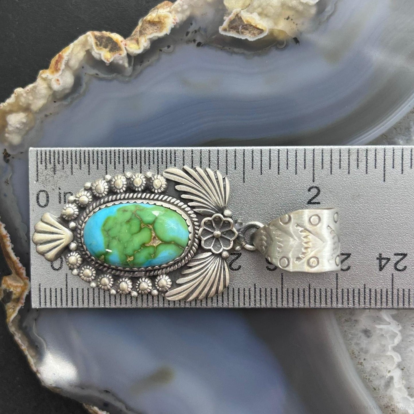 Sterling Southwestern Style Oval Sonora Gold Turquoise Leaves Decorated Pendant