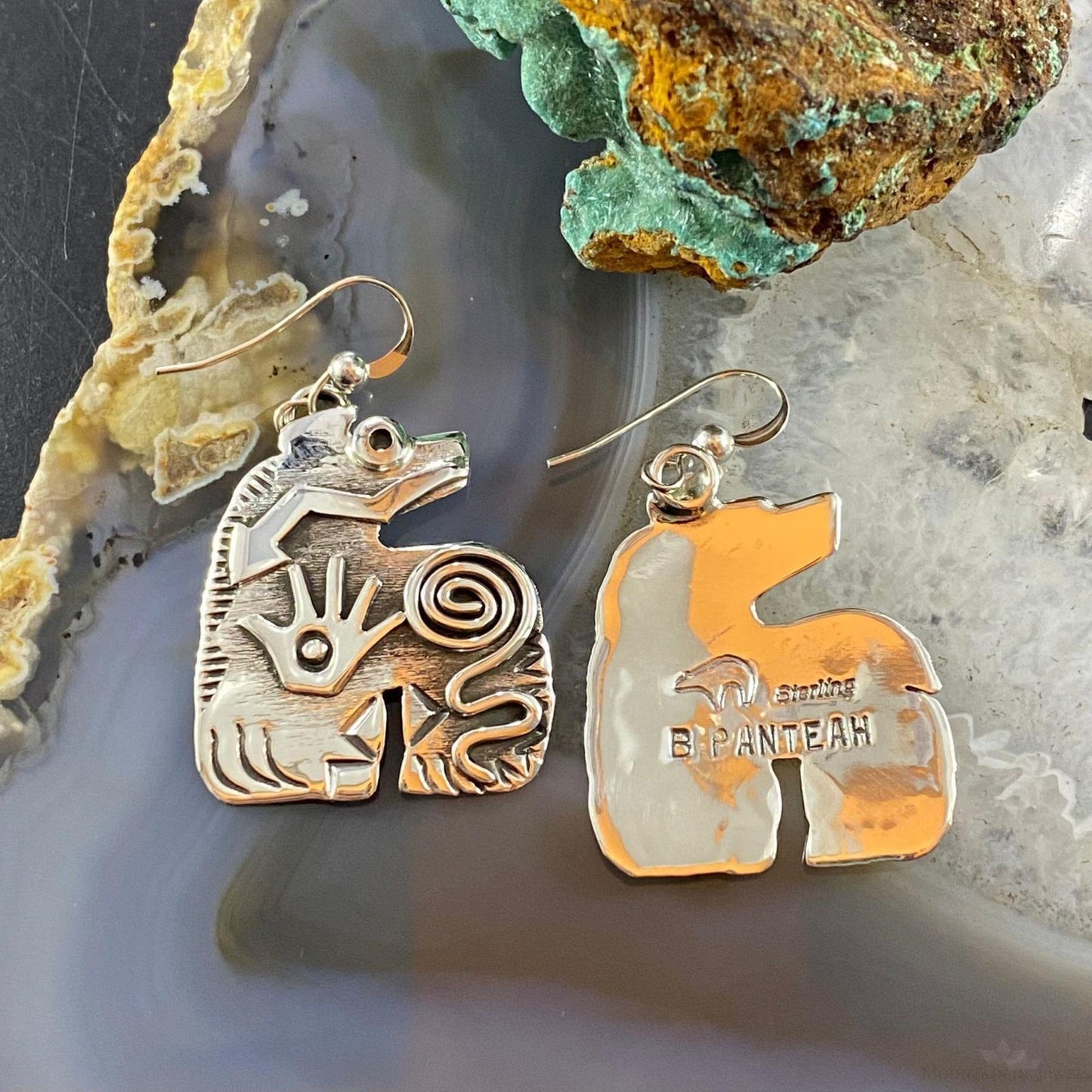 Brad Panteah Sterling Spirit Bear w/Petroglyph Symbols Dangle Earrings For Women