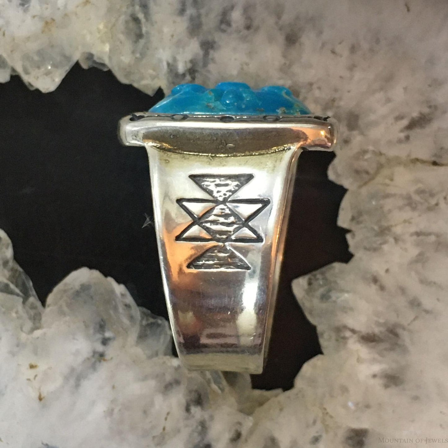 Carolyn Pollack Sterling Silver Rectangle Carved Turquoise Decorated Ring For Women