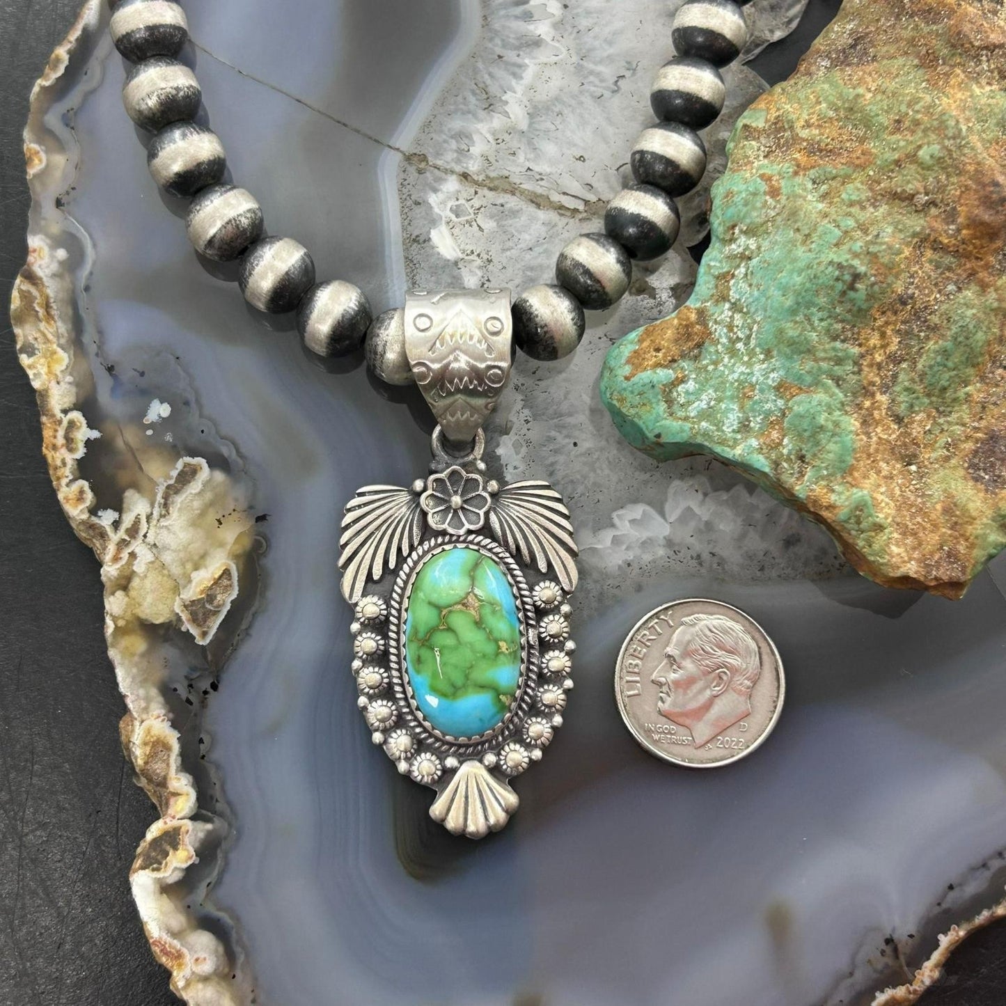 Sterling Southwestern Style Oval Sonora Gold Turquoise Leaves Decorated Pendant