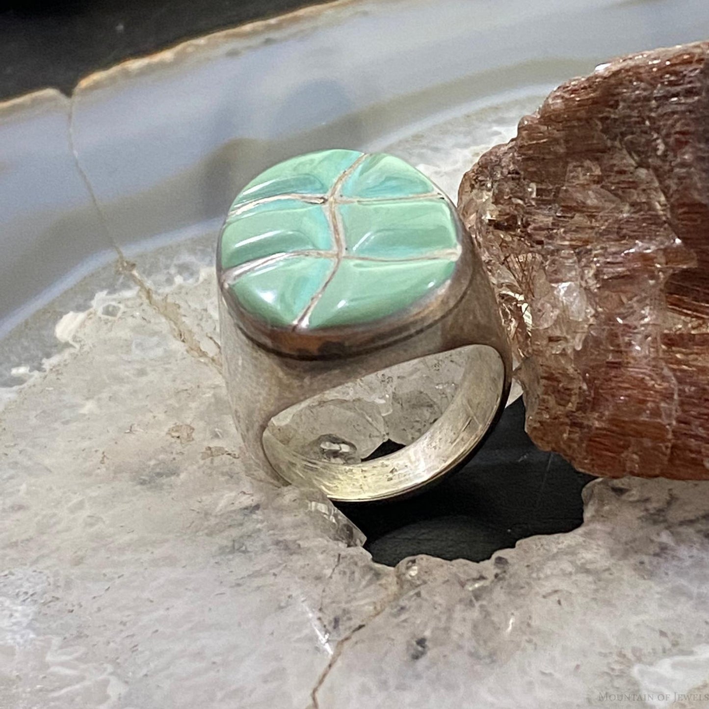 Native American Silver Oval Turquoise Inlay Unisex Shield Ring Size 9