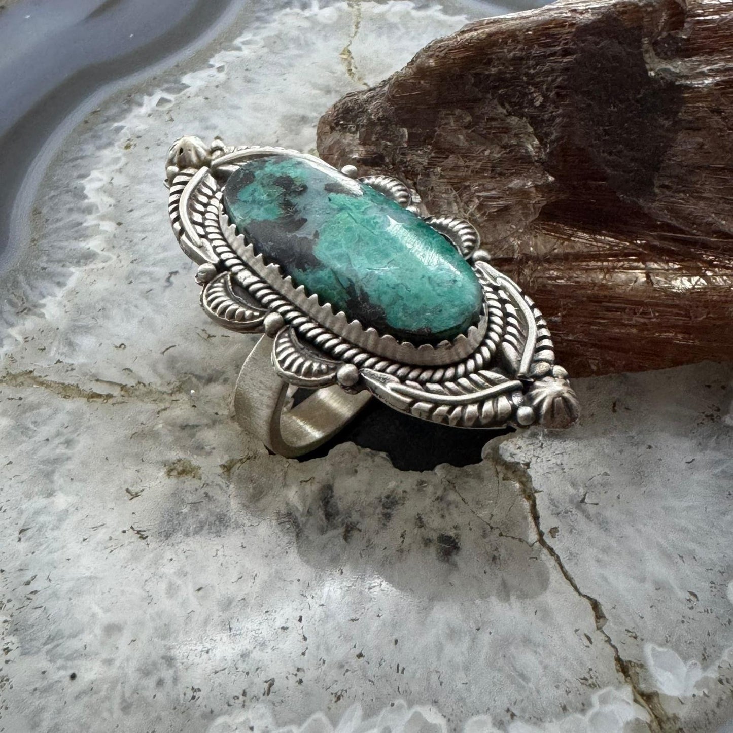 Sterling Silver Southwestern Style Oval Turquoise Decorated Adjustable Ring For Women