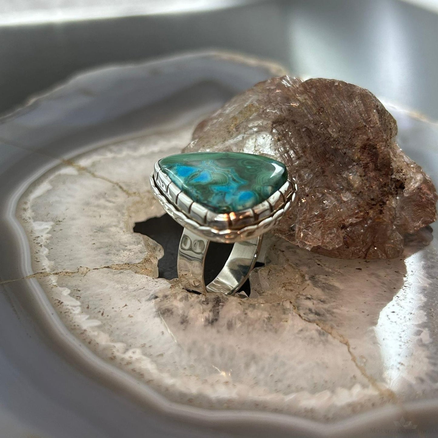 Sterling Silver Southwestern Style Triangular Malachite Chrysocolla Ring Size 9 For Women