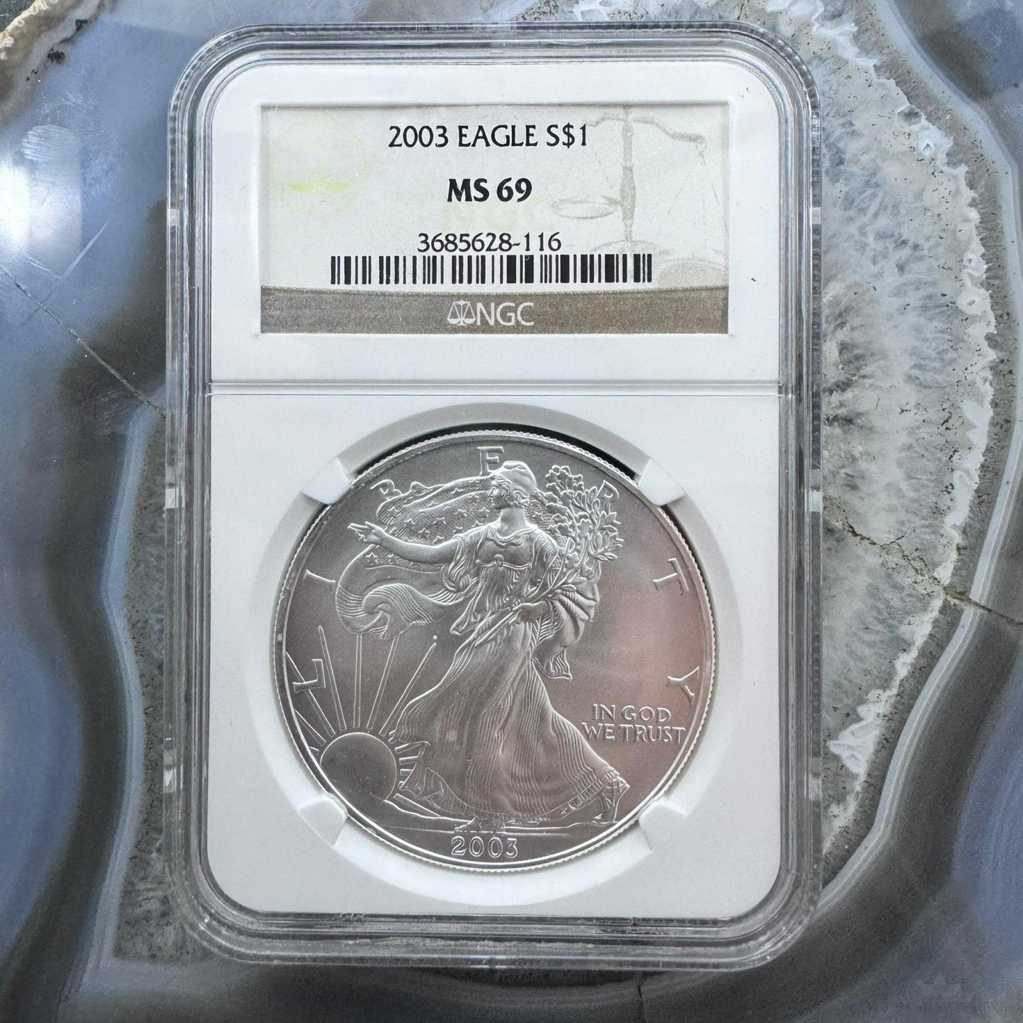 2003 US 1.0oz .999 Fine Silver American Silver Eagle NGC MS69 #3685628-116EX