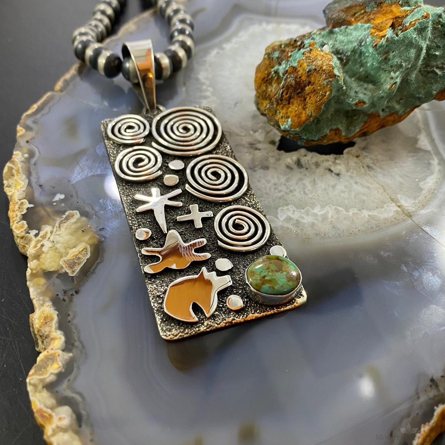 Alex Sanchez Sterling Silver Turquoise Rectangle Petroglyph Unisex Pendant