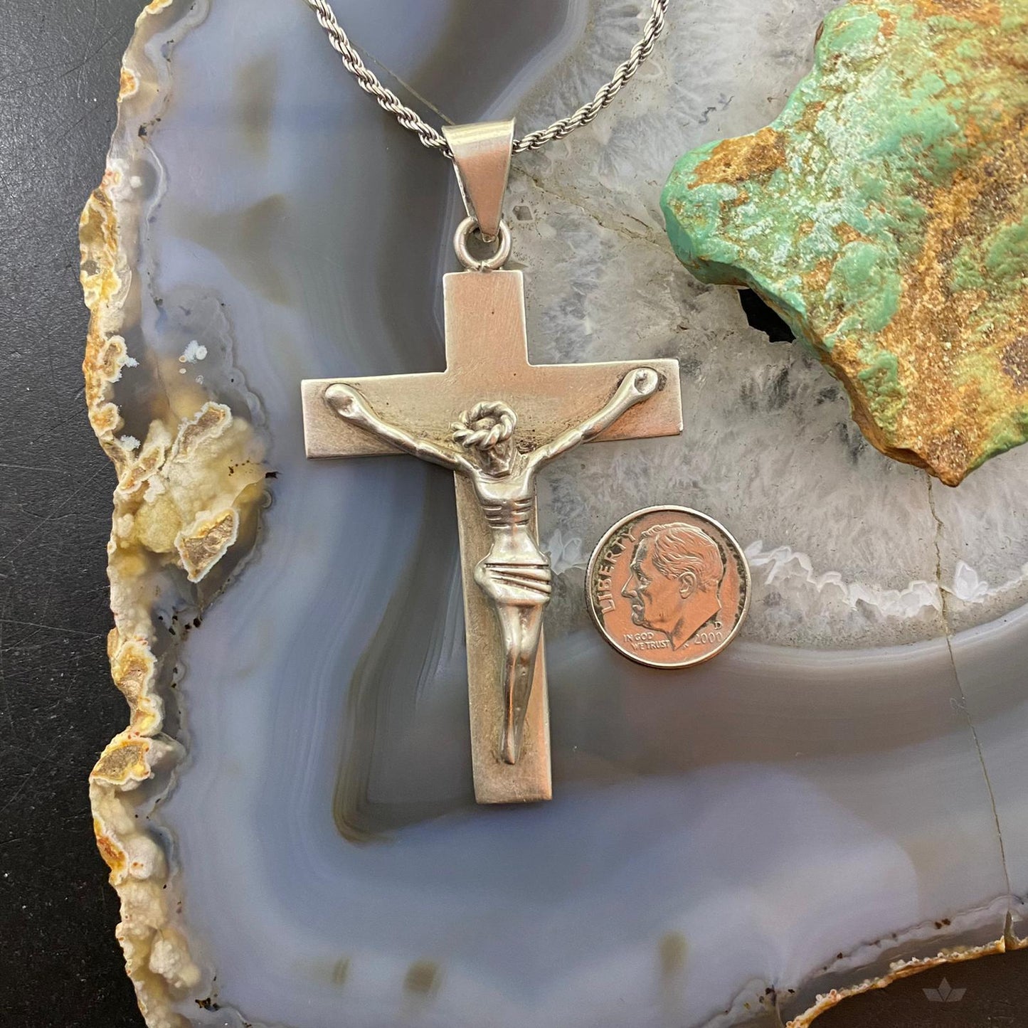 Vintage Sterling Silver Crucifix Pendant with Sterling Rope Necklace 20"