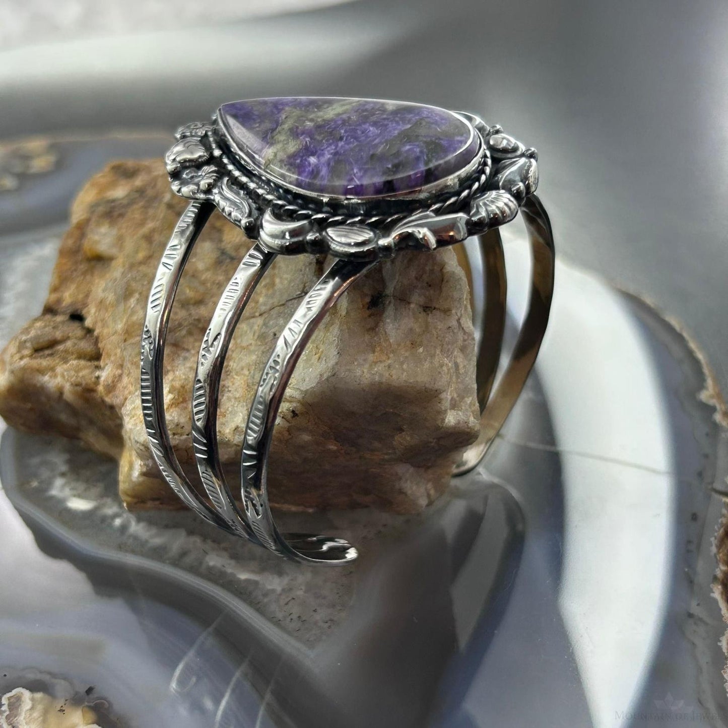 Sterling Silver Southwestern Style Large Teardrop Charoite Bracelet For Women