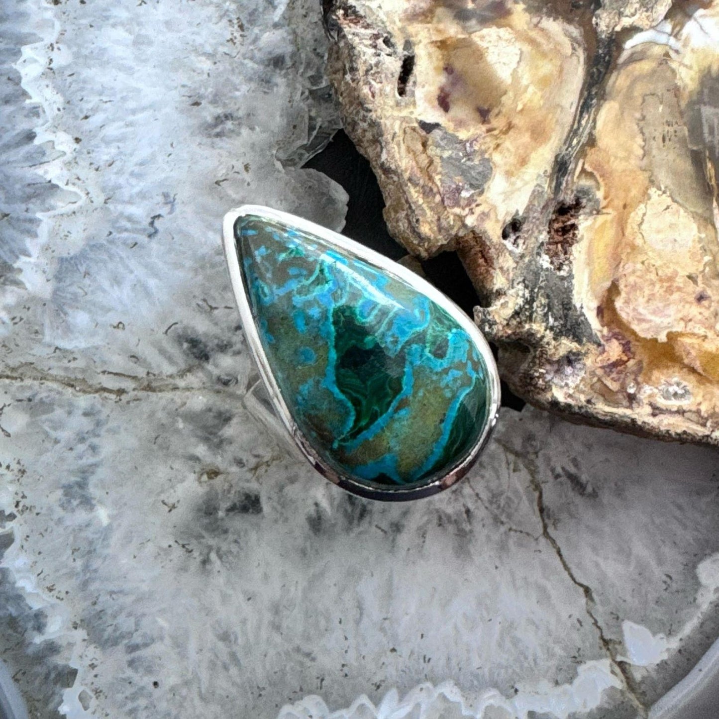 Sterling Silver Southwestern Style Teardrop Azurite Malachite Ring Size 7 For Women