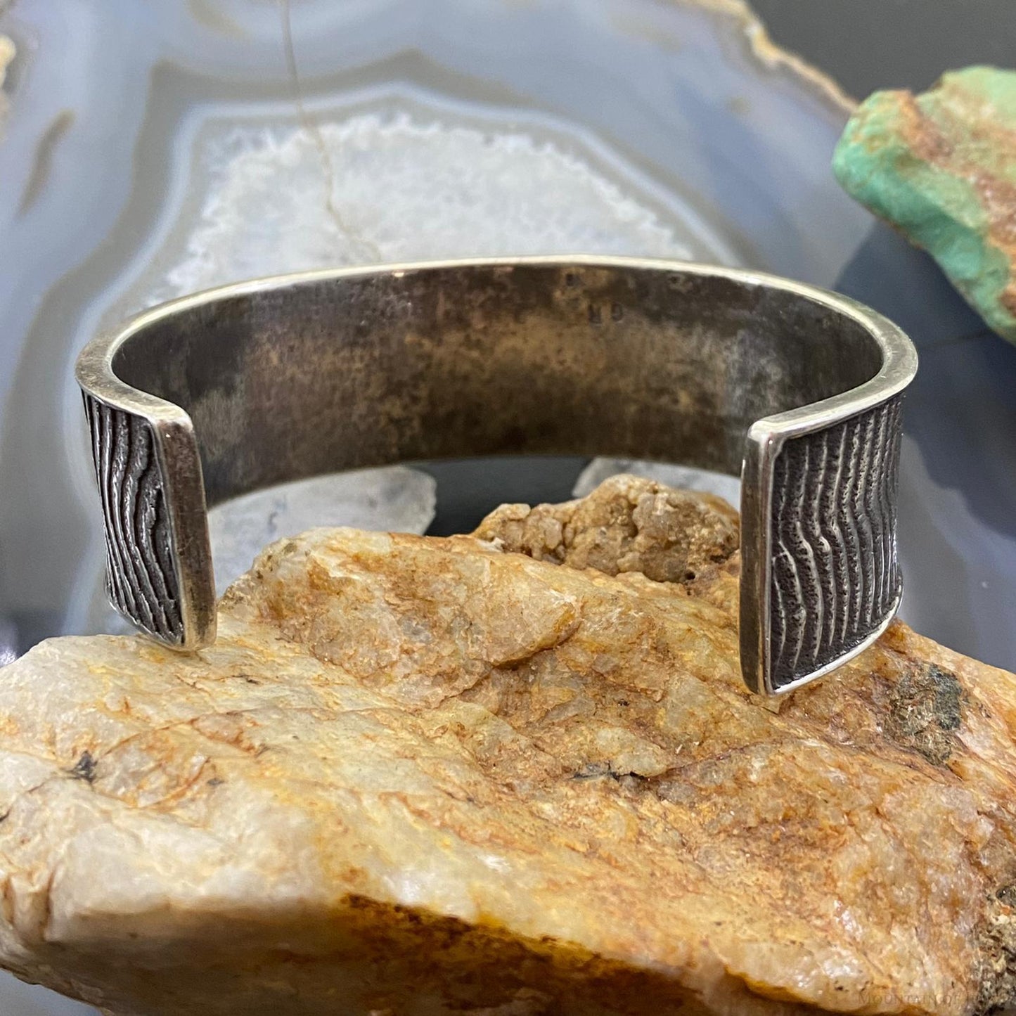 Signed Native American Sterling Silver Heavy Gauge Striped Bracelet For Women