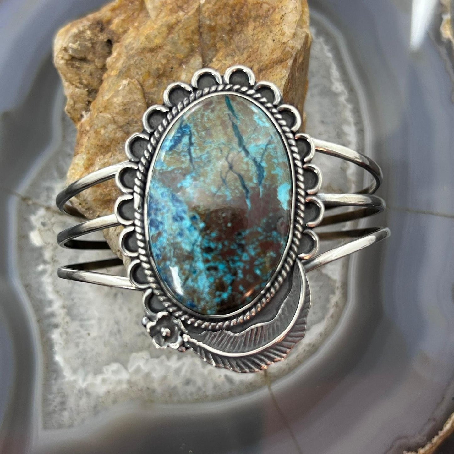 Sterling Silver Southwestern Style Large Oval Shattuckite Bracelet For Women