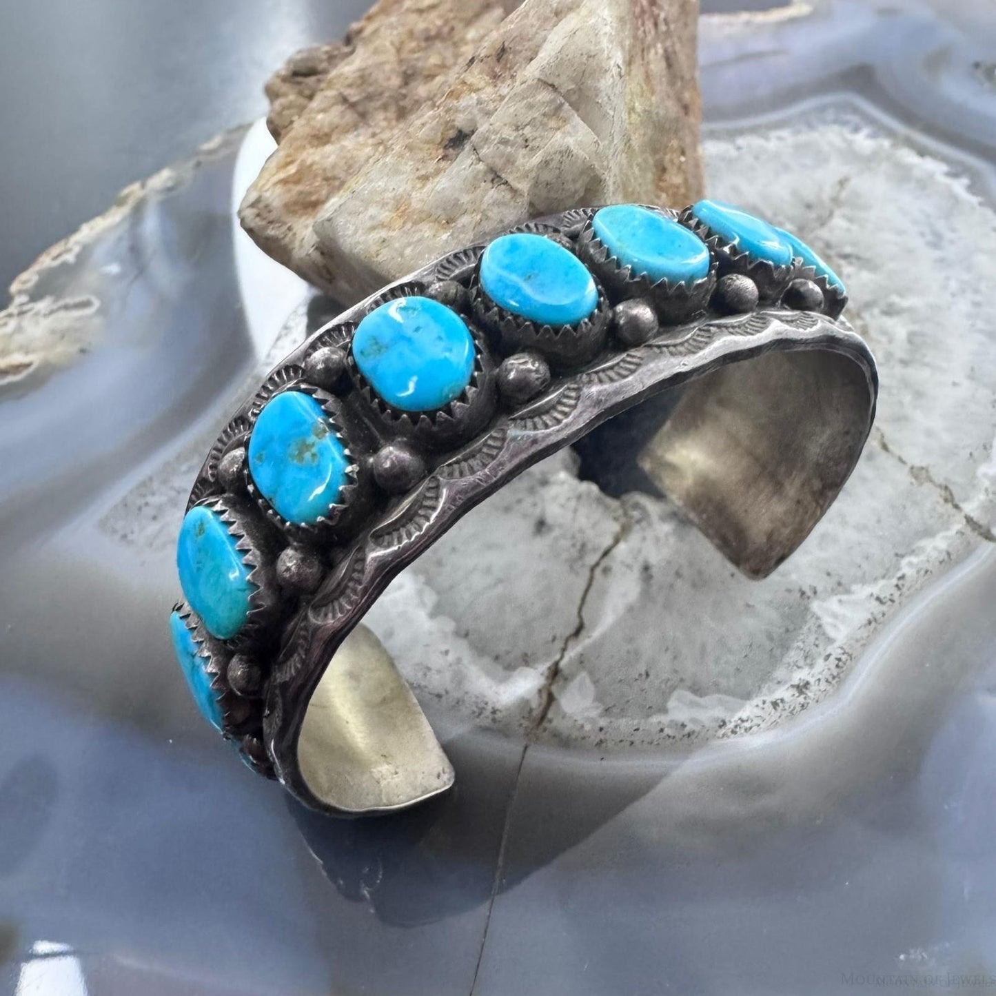 Tim Yazzie Vintage Native American Sterling Silver Turquoise Row Bracelet For Women