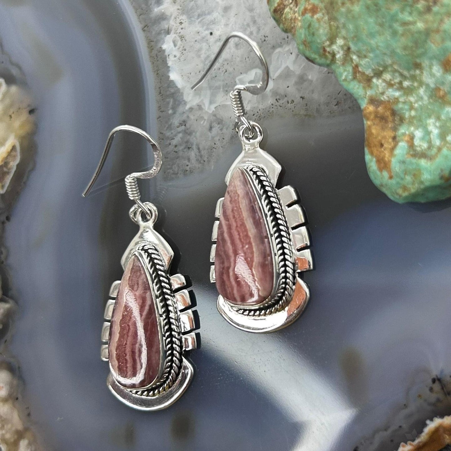 Sterling Silver Southwestern Style Teardrop Rhodochrosite Dangle Earrings For Women