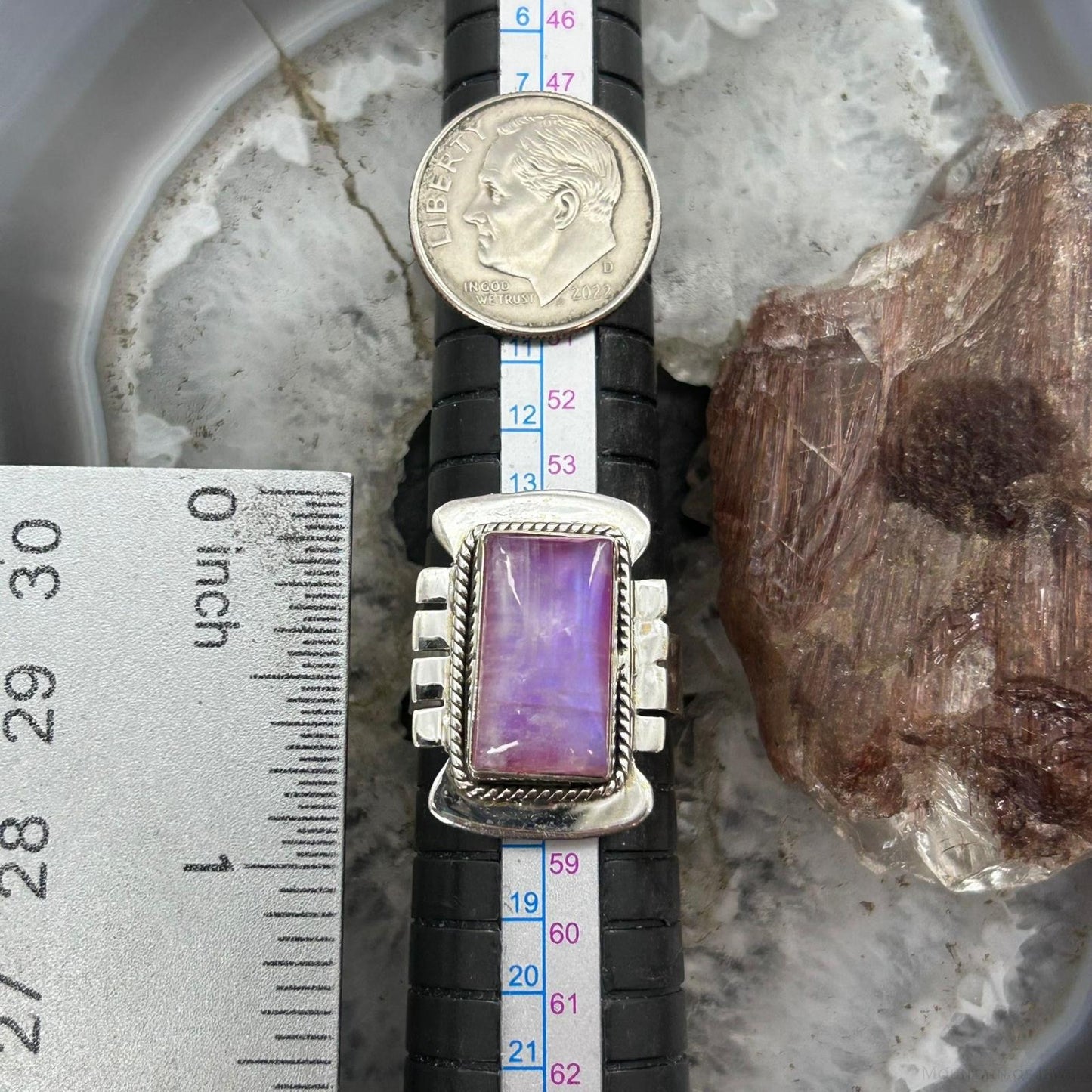 Sterling Silver Southwestern Style Pink Rainbow Decorated Bar Ring Size 7.75 For Women