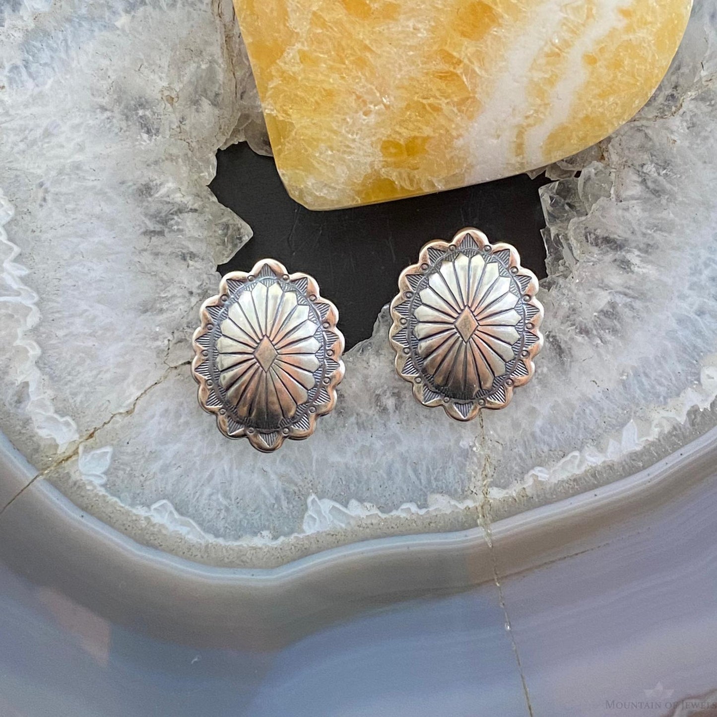 Native American Sterling Silver Oval Stamped Concho Stud Earrings For Women