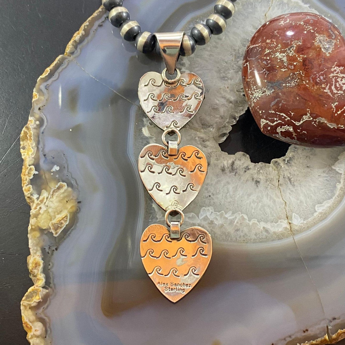 Alex Sanchez Native American Sterling Silver Triple Petroglyph Heart w/Turquoise Pendant For Women